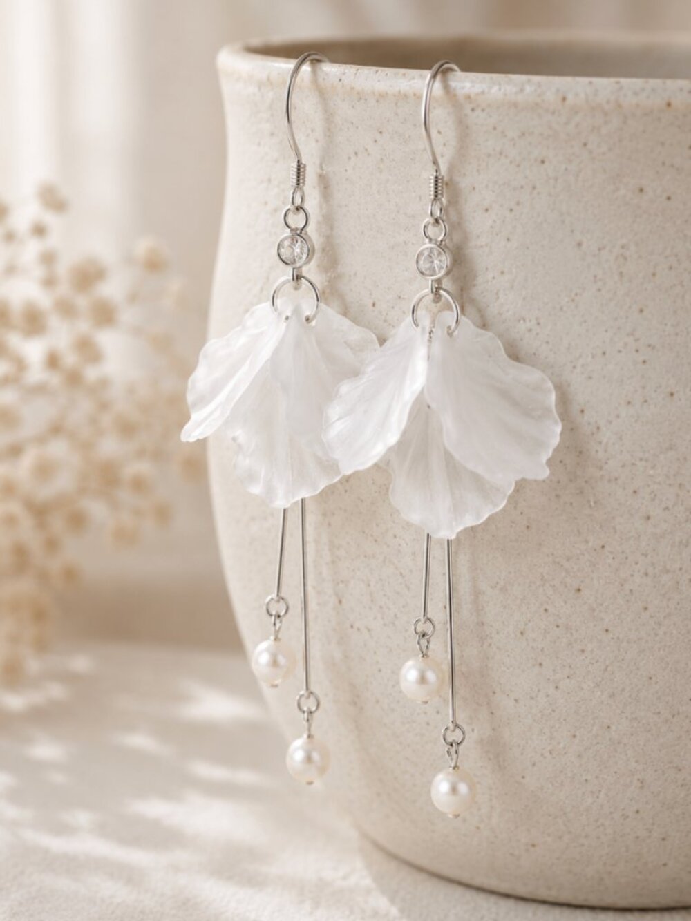 925 Sterling Silver White Flower Petal Drop Earrings Floral Earrings - Picture 3 of 3